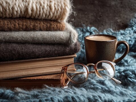 Cozy Scene with Woolen Fabrics, Books, and Coffee Mug on Blue Blanket