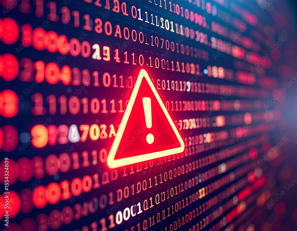 Poster data breach alert: a digital depiction of a data breach, with binary code and a warning sign to conv