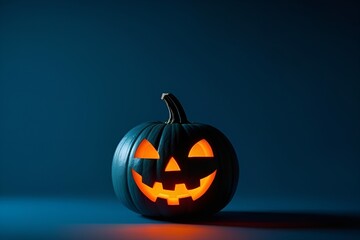 Glowing Jack-o'-Lantern Halloween Pumpkin on Dark Blue Background
