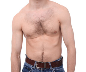 Man before scoliosis treatment on white background, closeup