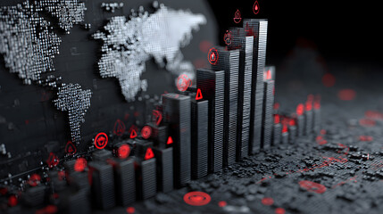 A digital world map with rising bar graph and red warning signs indicating potential global risks