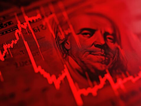 A close-up view features a red trend line graph layered over a currency note. The visual depicts the financial market's decline, emphasizing economic uncertainty and volatility.
