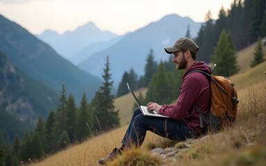 Freelancer man working online while hiking in the mountains. Travel and remote work concept. High quality