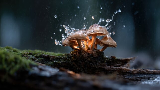 An enchanting image of mushrooms sprouting amid a rainy forest, capturing the delicate beauty of nature at its finest, showcasing the interplay of light and water.