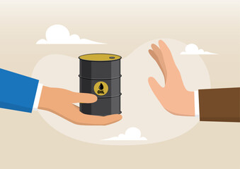 One hand offering an oil barrel while another hand gestures to refuse it