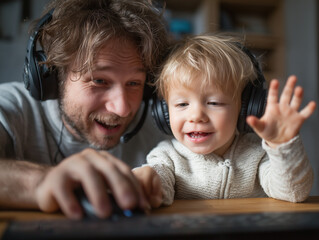 joyful man and toddler wearing headphones engage in gaming together, sharing smiles and laughter. scene captures warm moment of bonding and fun