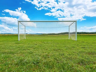 Fototapeta premium A soccer goal stands prominently on a green field, surrounded by a vast open space. The sky is bright blue with white clouds, creating a perfect backdrop for outdoor play.