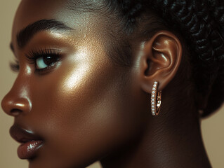 stunning close up portrait showcasing woman with radiant skin and elegant earrings, highlighting her beauty and confidence. soft lighting enhances her features beautifully