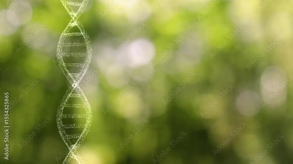 Poster loop green nature blur sunny copy space bokeh with 3d dna chain rotation.