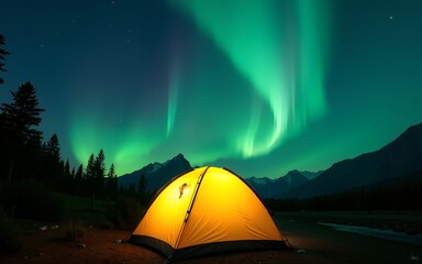 A glowing yellow camping tent under a beautiful green northern lights aurora. Travel adventure landscape background. Photo composite. High quality
