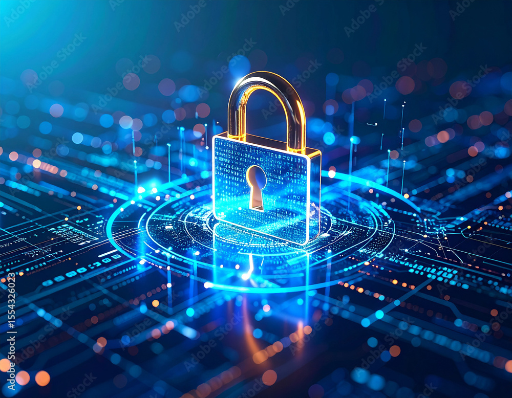 Poster secure digital fortress: a digital padlock, symbolic of robust cybersecurity and data protection, st