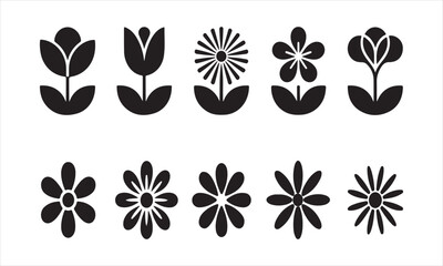 Collection of simple black flower icons on a white background