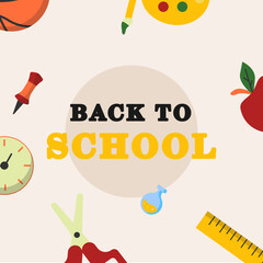 Vector set of school supplies including basketball, ruler, apple, clock, pencil, paint palette, scissors, screwdriver, and laboratory flask. Ideal for educational projects, school posters, web,