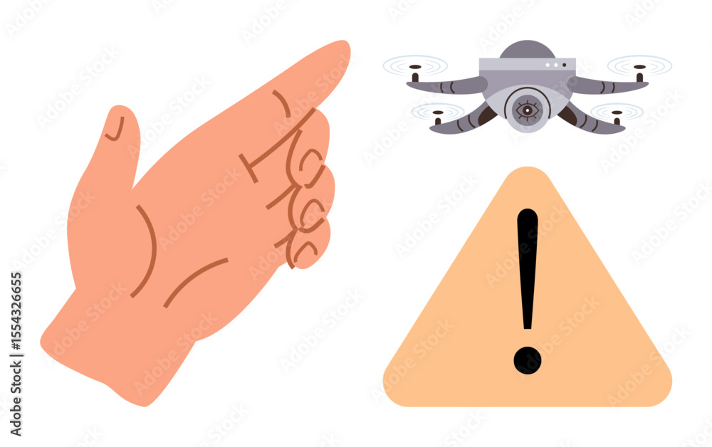 Poster hand gesturing stop, small quadcopter hovering, warning triangle with exclamation mark. ideal for sa
