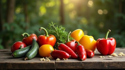 Estate, verdure ed ortaggi di stagione per dieta sana e mediterranea: peperoni, cetrioli, pomodori e zucchine