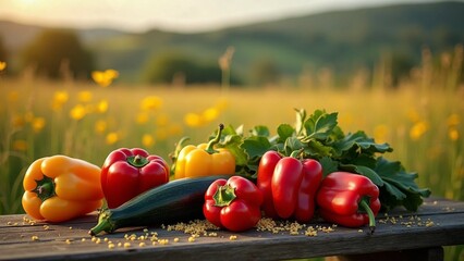 Estate, verdure ed ortaggi di stagione per dieta sana e mediterranea: peperoni, cetrioli, pomodori e zucchine