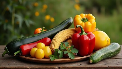 Estate, verdure ed ortaggi di stagione per dieta sana e mediterranea: peperoni, cetrioli, pomodori e zucchine