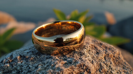 Gold Tungsten Carbide Ring on Rock at Sunset