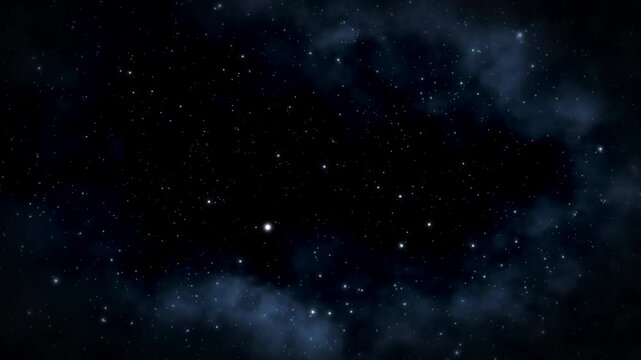 Starry night sky with glowing stars and deep blue background. The Stars And Blue Nebula In Space. Universe Space. Galaxy exploration through outer space towards glowing milky way galaxy.