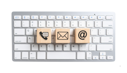 Digital Communication Support Icons on Wooden Blocks for Website Contact Page