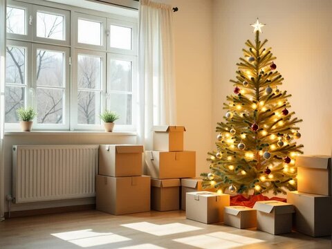 decorated Christmas tree on a white rug, by the window with plant in a room with light walls and a wooden floor, a room full of brown moving boxes	