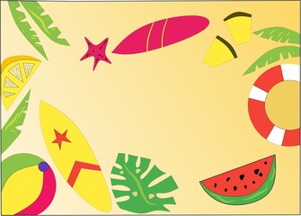 A lively and colorful flat lay illustration featuring a collection of summer and beach-themed elements, arranged to create a vibrant border or frame on a warm, sandy-yellow background
