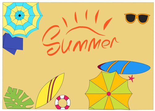 A vibrant and cheerful flat lay illustration depicting various elements of a perfect summer day at the beach