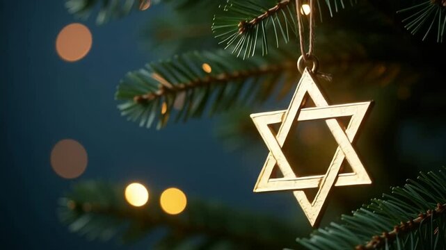 Close-up of a hexagonal star in the form of a decoration on a Hanukkah bush on the right side, a star of David on a Christmas tree