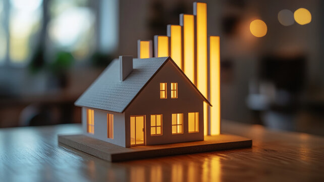 Miniature house illuminated with glowing bar graph behind.
