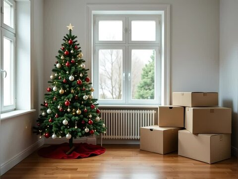  decorated Christmas tree on a red rug, by the window in a room with light walls and a wooden floor, a room full of brown moving boxes