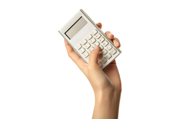 Woman's hand using a white calculator isolated on a white background