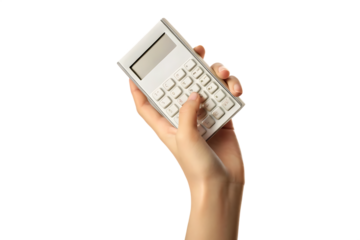 Woman's hand using a white calculator isolated on a white background