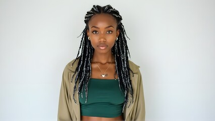 Portrait of a Woman with Relaxed Posture, Straight Arms, and Braids Against a White Background
