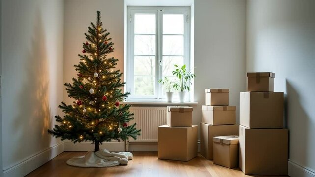 decorated Christmas tree on a white rug, by the window with plant in a room with light walls and a wooden floor, a room full of brown moving boxes
