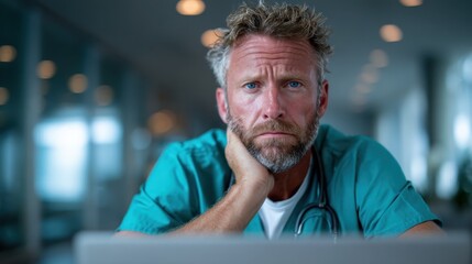 A middle-aged doctor in scrubs displays a thoughtful expression while leaning on his hand in a modern medical setting, symbolizing the challenges faced in healthcare today.