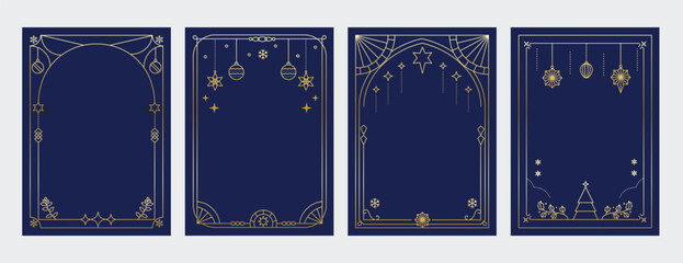 Christmas Frame Luxury Happy Holidays invitation card design vector. Minimal Happy New Year, Christmas tree, bauble, snowflake, holly on navy blue background. Design for Season's Greeting, cover.