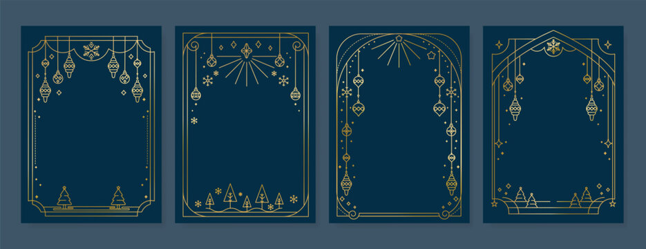 Christmas Frame Luxury Happy Holidays invitation card design vector. Minimal Happy New Year, Christmas tree, bauble ball, snowflake on navy blue background. Design for Season's Greeting, cover.