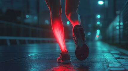 Running at night with glowing muscles on urban street.