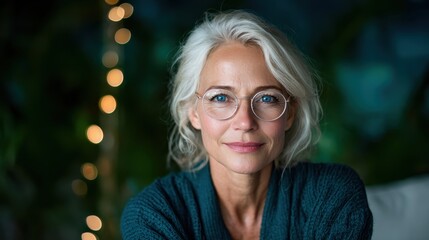 A serene portrait of an elegant mature woman with silver hair and glasses, conveying confidence and wisdom in a softly illuminated background decorated with bokeh lights.