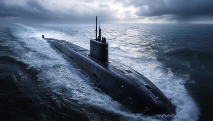 Fototapeta premium Timeless and Polished US Navy Submarine Sailing Ocean Waters – A Photorealistic Image with Stylish, Sophisticated Mood