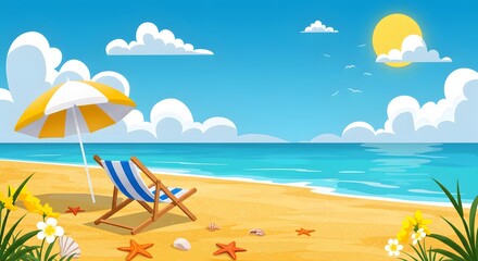 Obraz premium Relaxing Beach Scene with Umbrella, Deckchair, and Starfish
