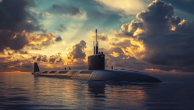 Timeless and Polished US Navy Submarine Sailing Ocean Waters – A Photorealistic Image with Stylish, Sophisticated Mood