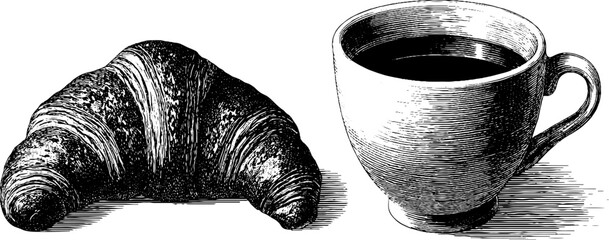 Vintage breakfast theme croissant and coffee sketch for kitchen decor and menu design