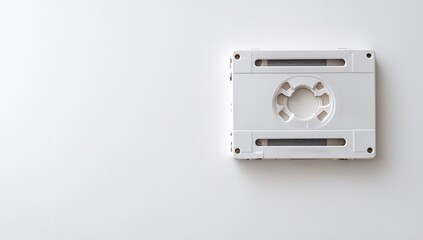 Fototapeta premium Top View of White Cassette Tape on White Background – Minimalist Retro Music Concept