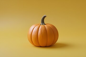 Realistic Small Orange Pumpkin on Bright Yellow Background – Minimalist Fall Aesthetic