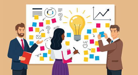 Flat Design Illustration of Diverse Business Team Brainstorming with Sticky Notes and Lightbulb on Whiteboard