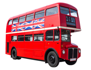 Iconic Red Double-Decker Bus with British Flag Design, isolated on a transparent background