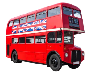 Gordijnen Iconic Red Double-Decker Bus with British Flag Design, isolated on a transparent background © MstSuborna