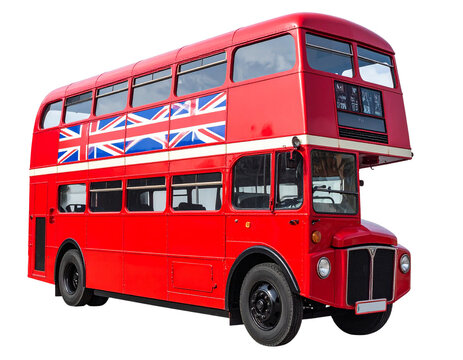 Iconic Red Double-Decker Bus with British Flag Design, isolated on a transparent background