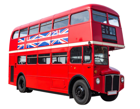 Iconic Red Double-Decker Bus with British Flag Design, isolated on a transparent background